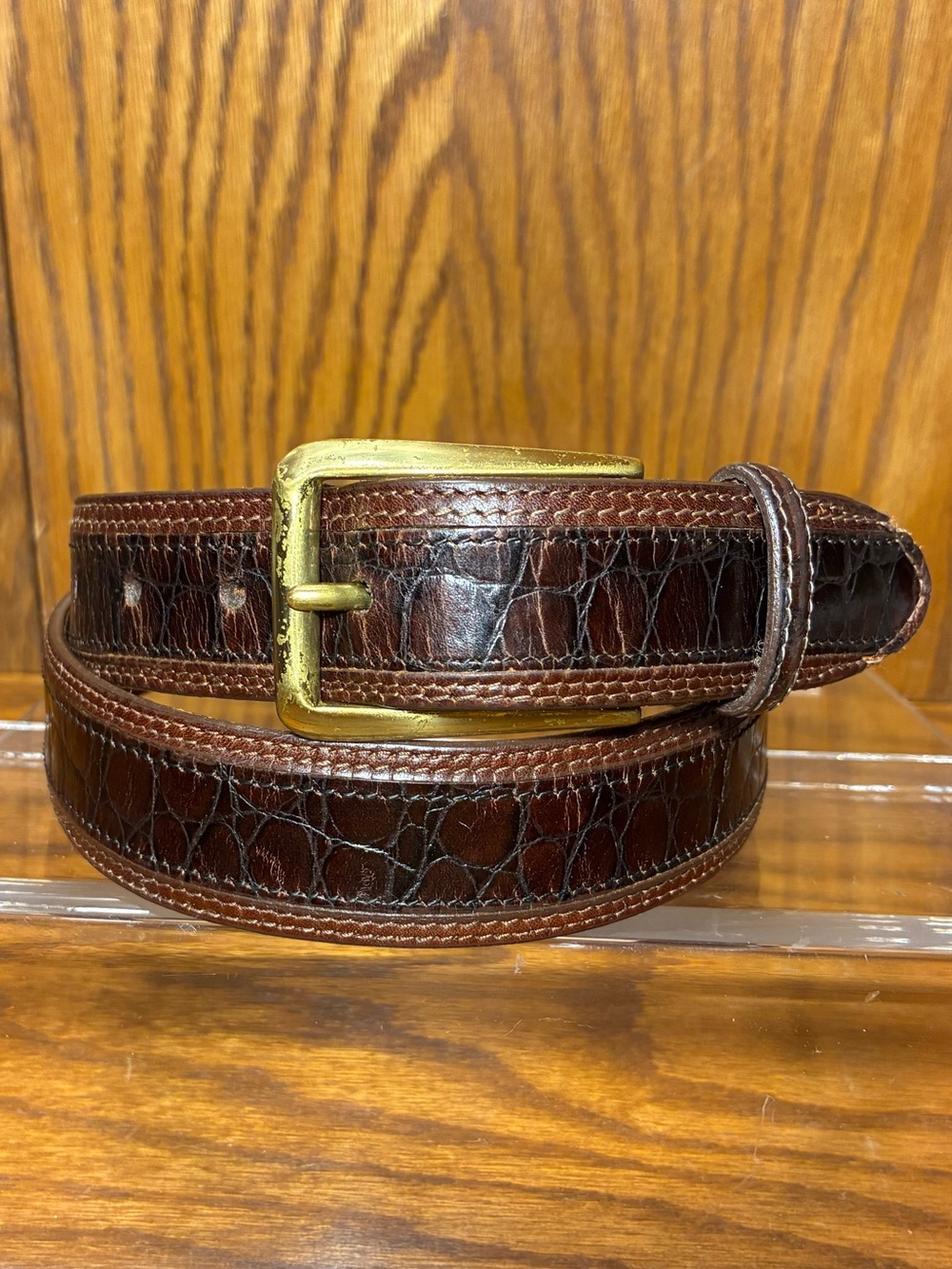 VTG Johnston & Murphy Embossed Italian Kipskin Leather Belt USA MADE Brown Sz 32